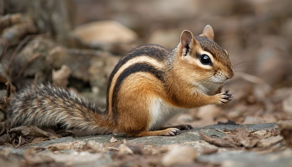 Eastern chipmunk showing dark and pale stripes along its back