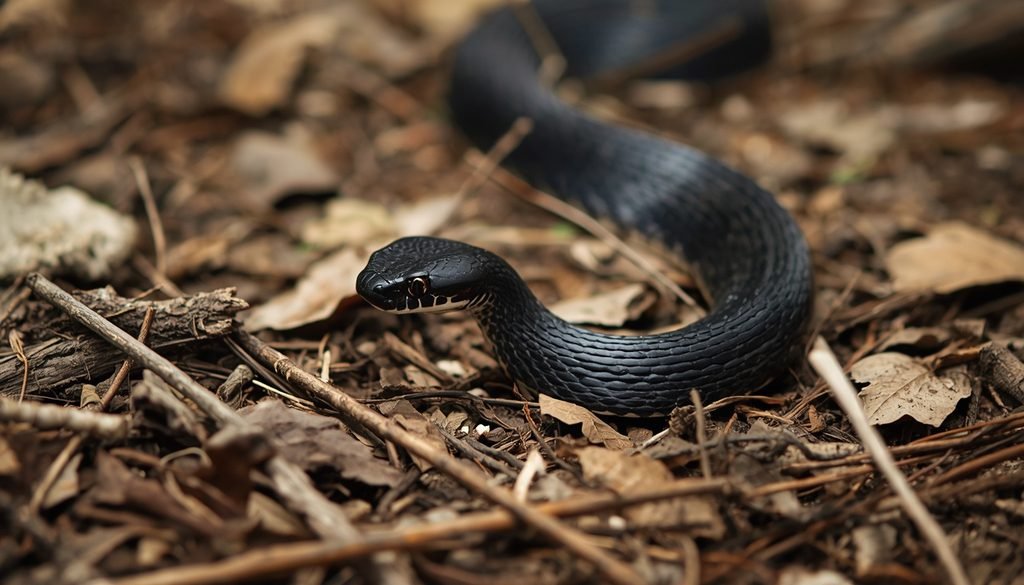 Eastern indigo snake moving through its natural southeastern United States habitat