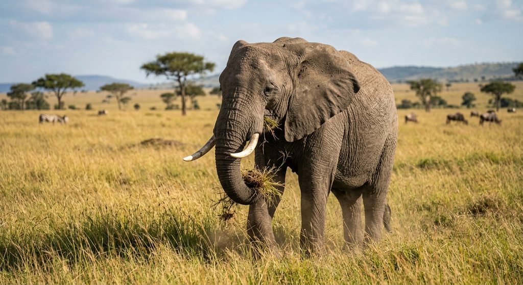 African savanna elephant using its trunk in a grassland habitat