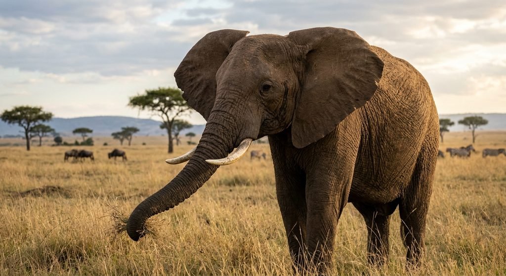 Elephant with relatively small eyes, large ears, and a long trunk