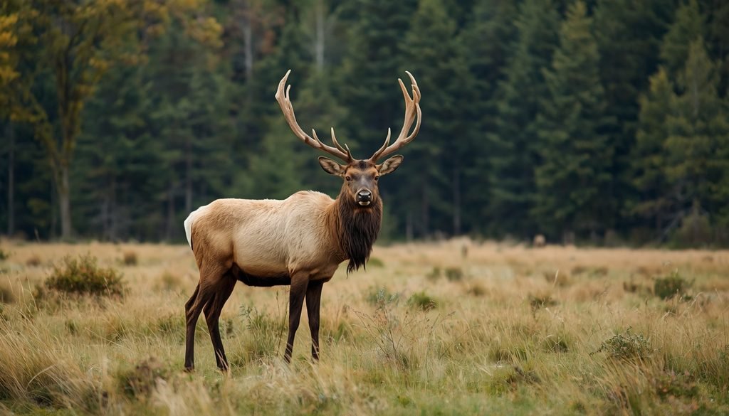 Elk standing in a meadow near its forest habitat