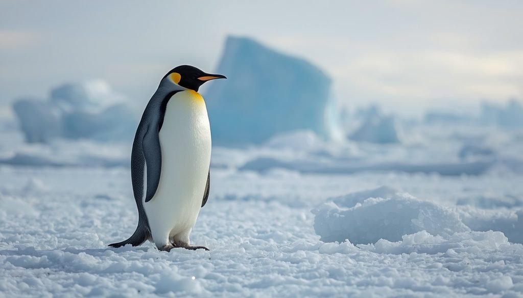 Emperor penguin standing on Antarctic sea ice in its cold natural habitat