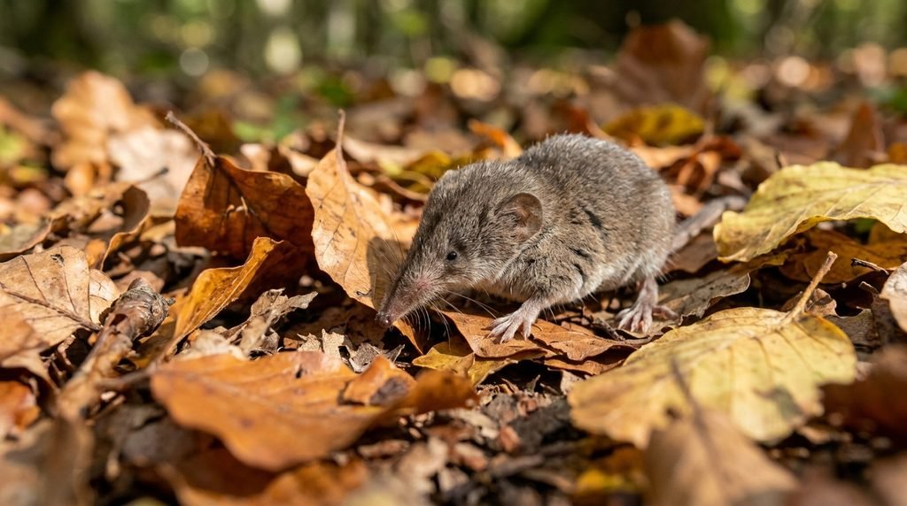 Small Etruscan shrew searching for food among fallen leaves.