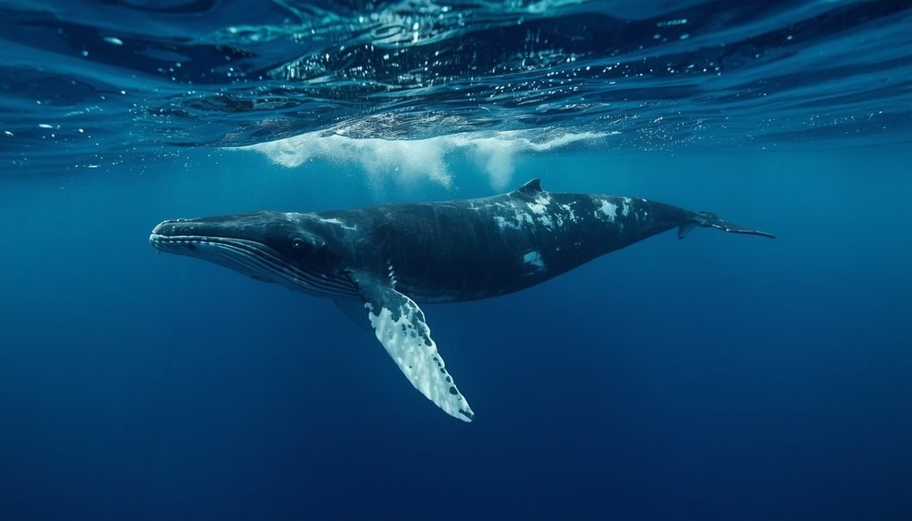 A fin whale swimming in the open ocean