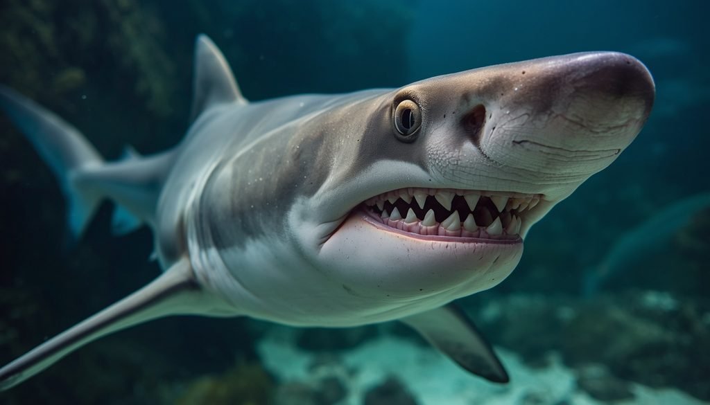 Frilled shark showing its narrow mouth and rows of pointed teeth.