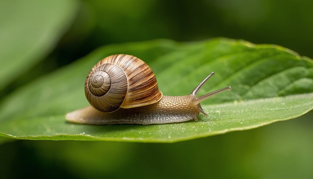 Garden snail with a spiral shell crawling across a fresh green leaf.