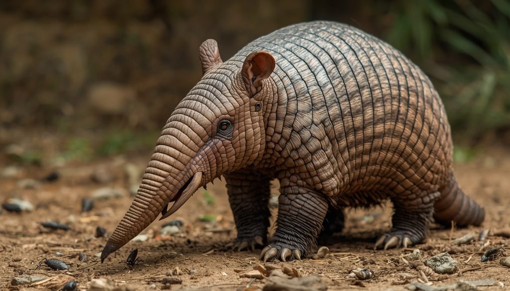 Giant armadillo with its long snout and small teeth adapted for feeding on insects.