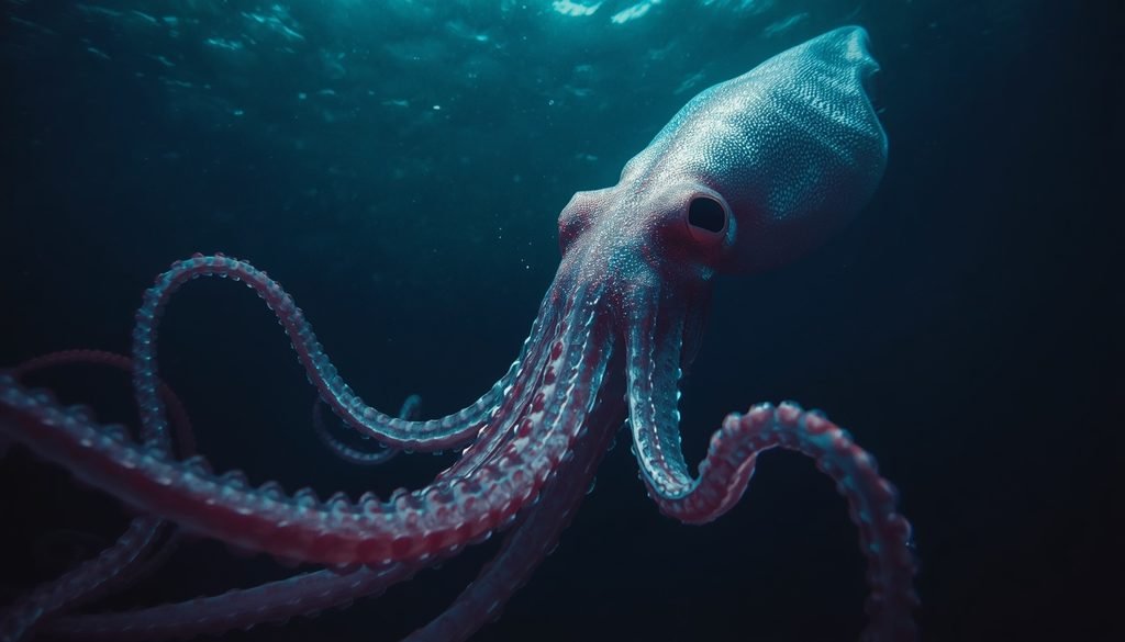 Giant squid with long tentacles in the dark ocean depths.