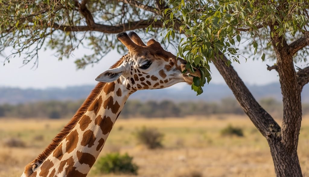 Giraffe feeding on leaves from a tree in an open African savanna