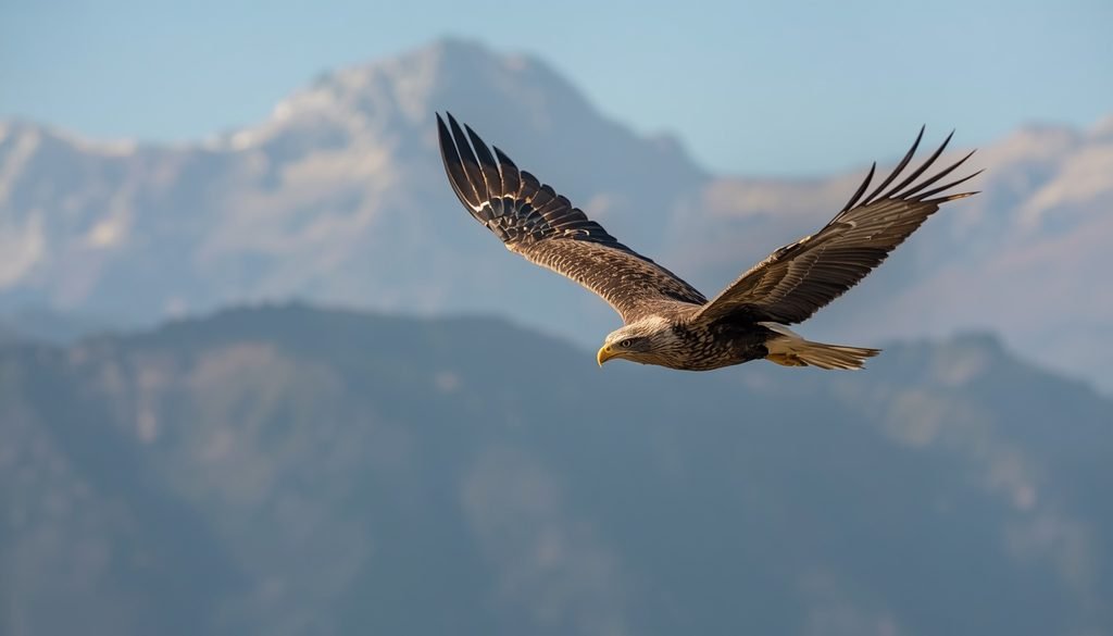 Golden eagle diving toward prey over a mountain landscape