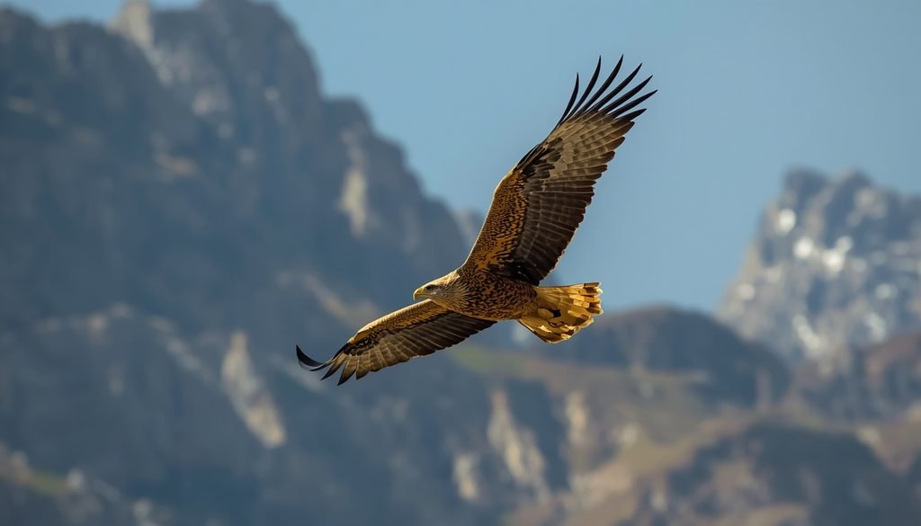 Golden eagle banking in flight above rugged mountains