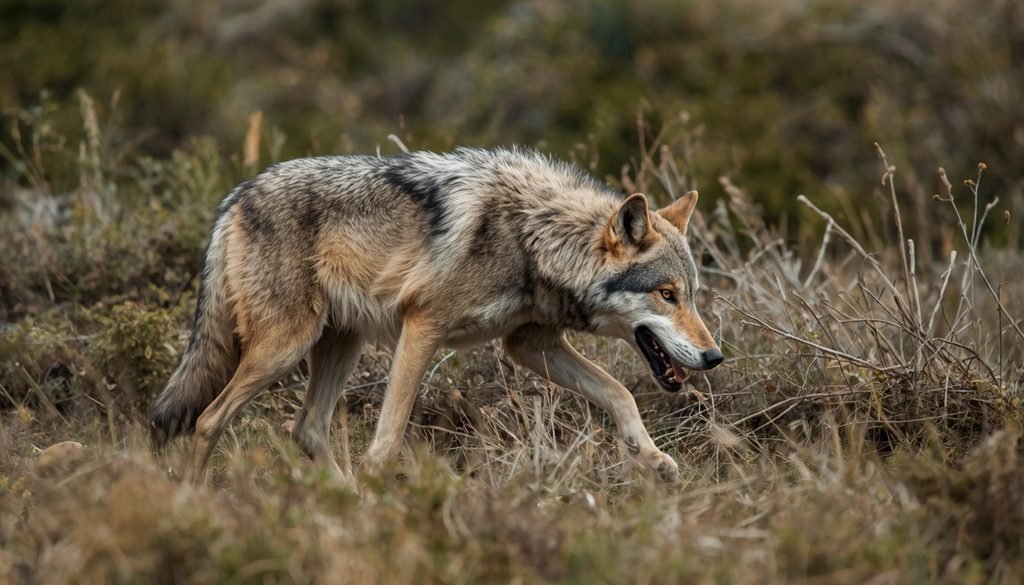 Gray wolf walking through a natural habitat while searching for prey.
