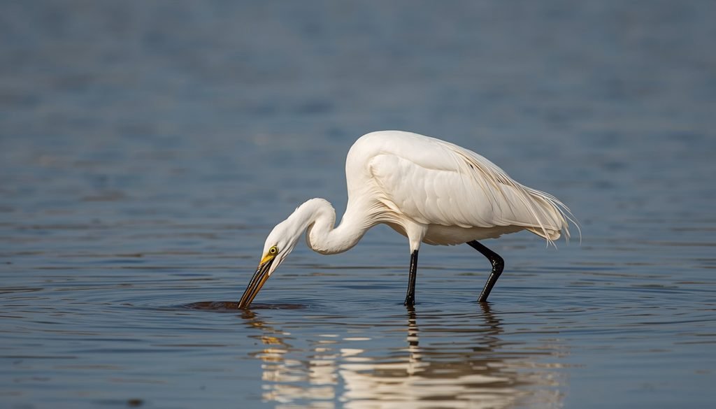 Great egret standing in shallow water while searching for fish