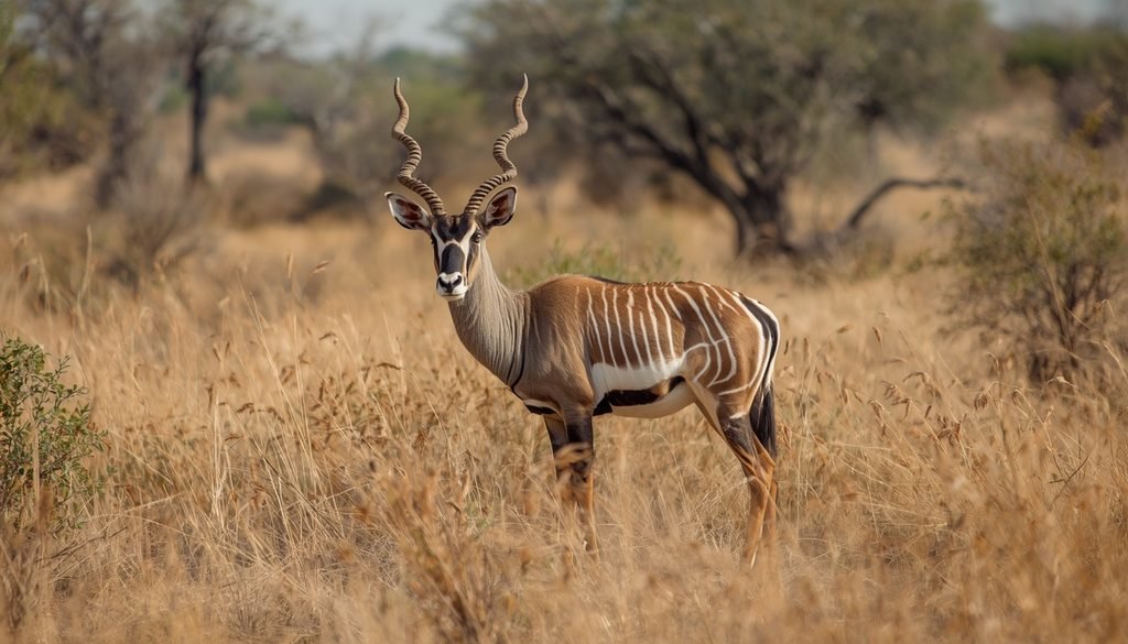 Greater kudu displaying white vertical stripes along its gray brown flank