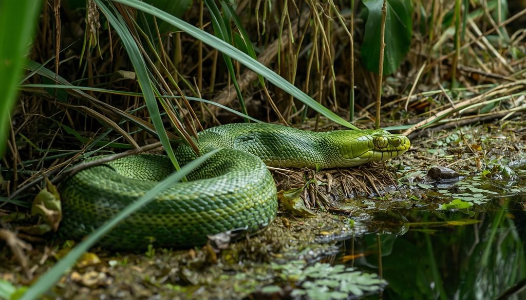 Green anaconda resting in vegetation beside a South American wetland.