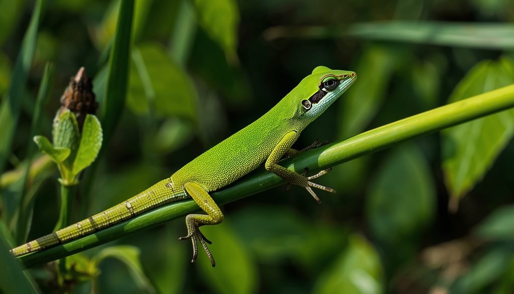Green anole, a native Florida lizard perched on green vegetation