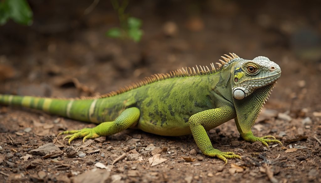 Green iguana with a long tail and spiny back resting on a branch