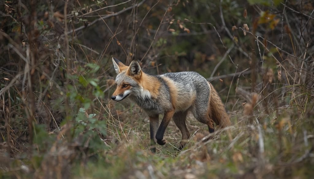 Grey fox moving through woodland vegetation