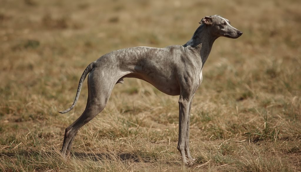 Greyhound dog showing its narrow waist, deep chest, and long legs