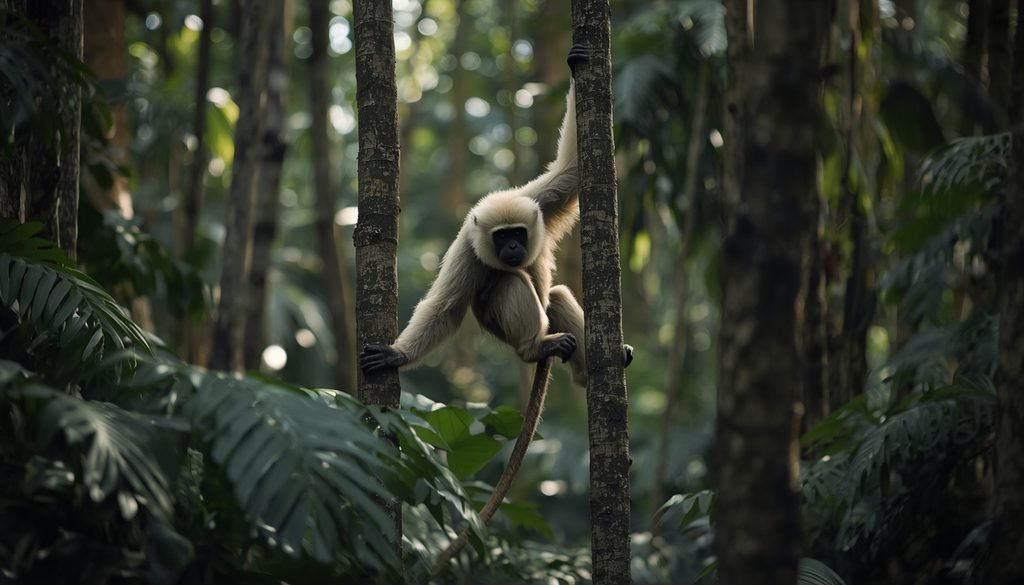 Hainan gibbon moving through tropical forest trees