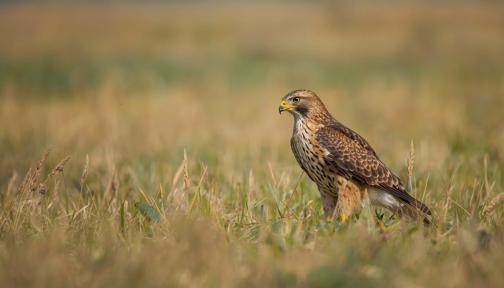 Red-tailed hawk scanning a field for small animals