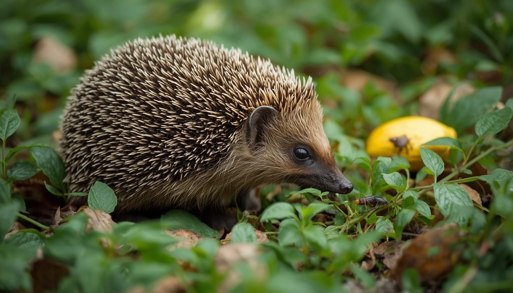 European hedgehog foraging among leaves for small animals and insects