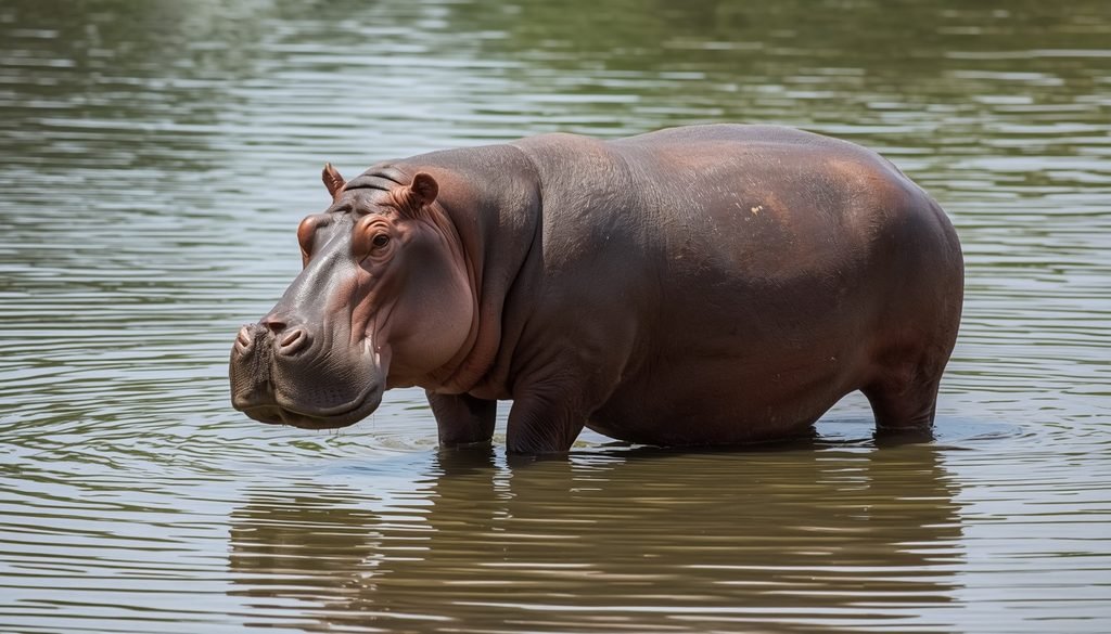 A hippopotamus standing in shallow water