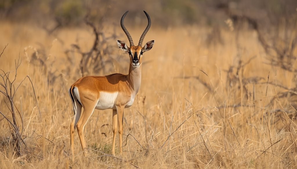 Hirola antelope standing in dry East African grassland