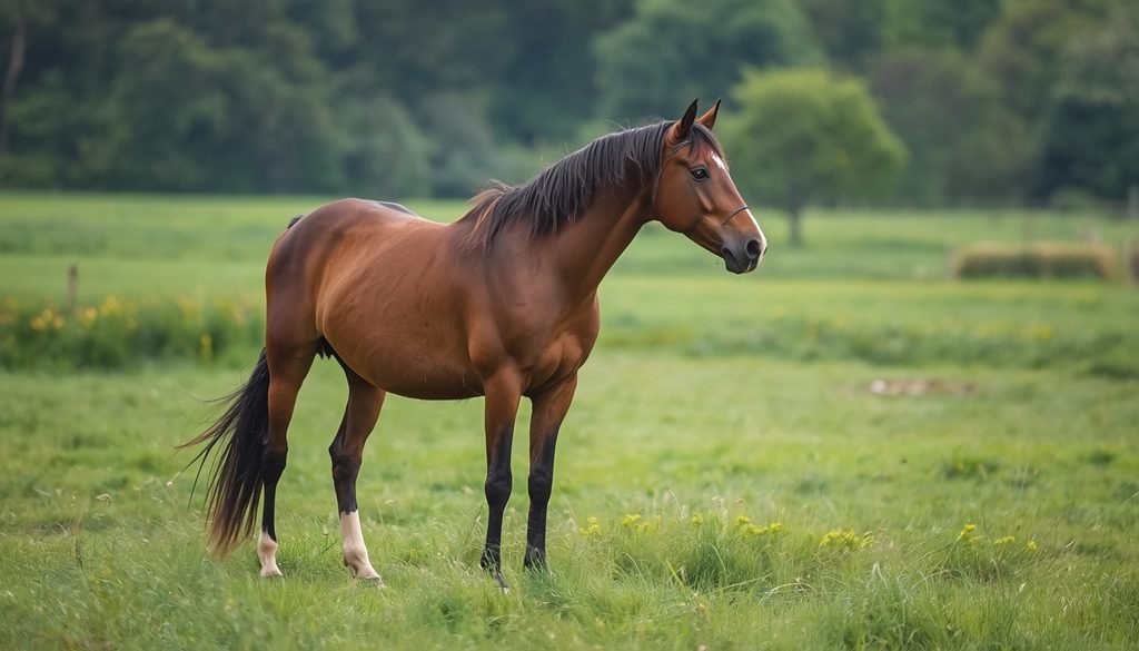 Horse standing in a pasture with its ears turned toward a sound