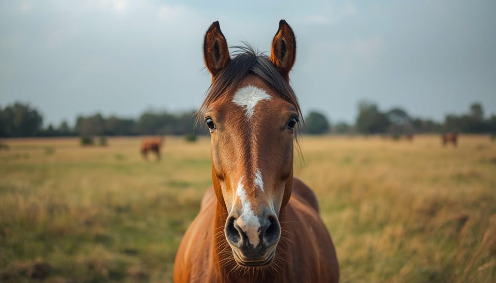 Horse looking across an open field with its eyes positioned on the sides of its head.