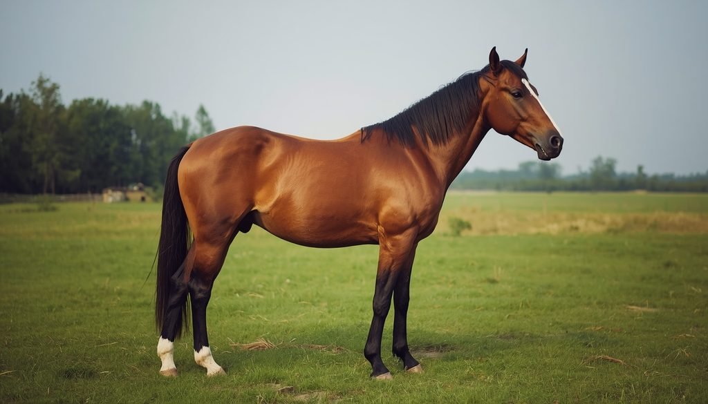 Horse standing in a green pasture with a relaxed posture