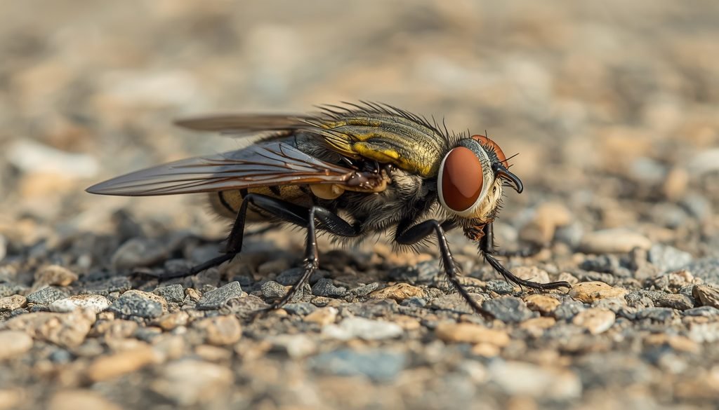 Housefly resting on an outdoor organic surface