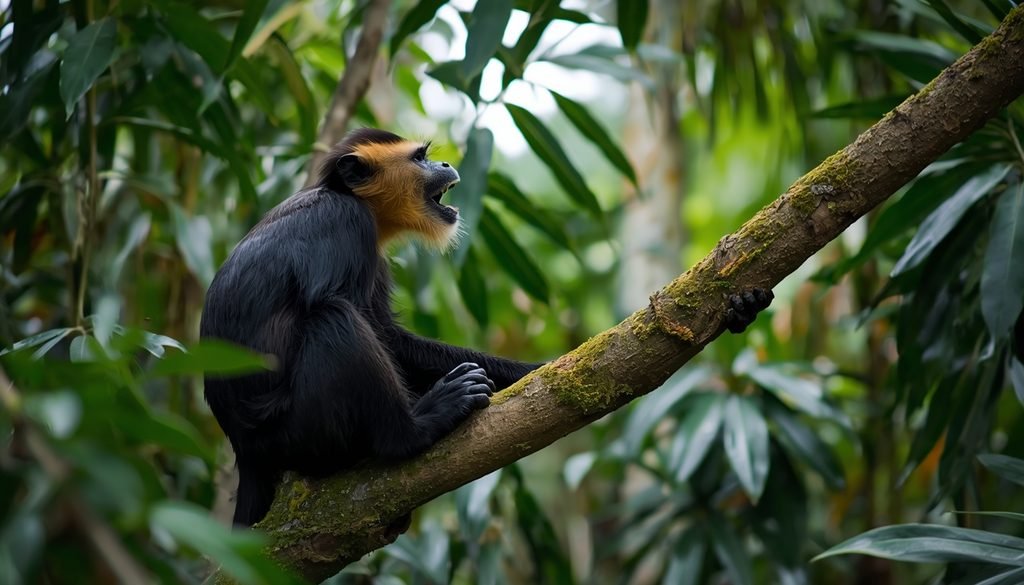 A howler monkey calling from a tree in a tropical rainforest