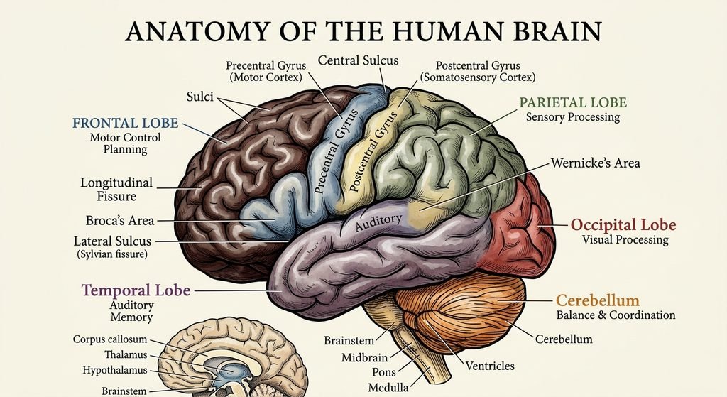An anatomical illustration of the human brain