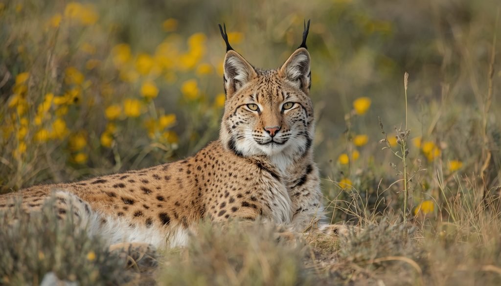 An Iberian lynx with tufted ears and spotted fur in Mediterranean scrubland