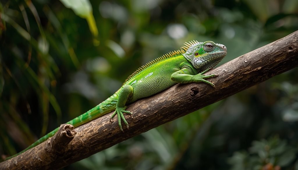 A green iguana resting on a tree branch in a tropical habitat