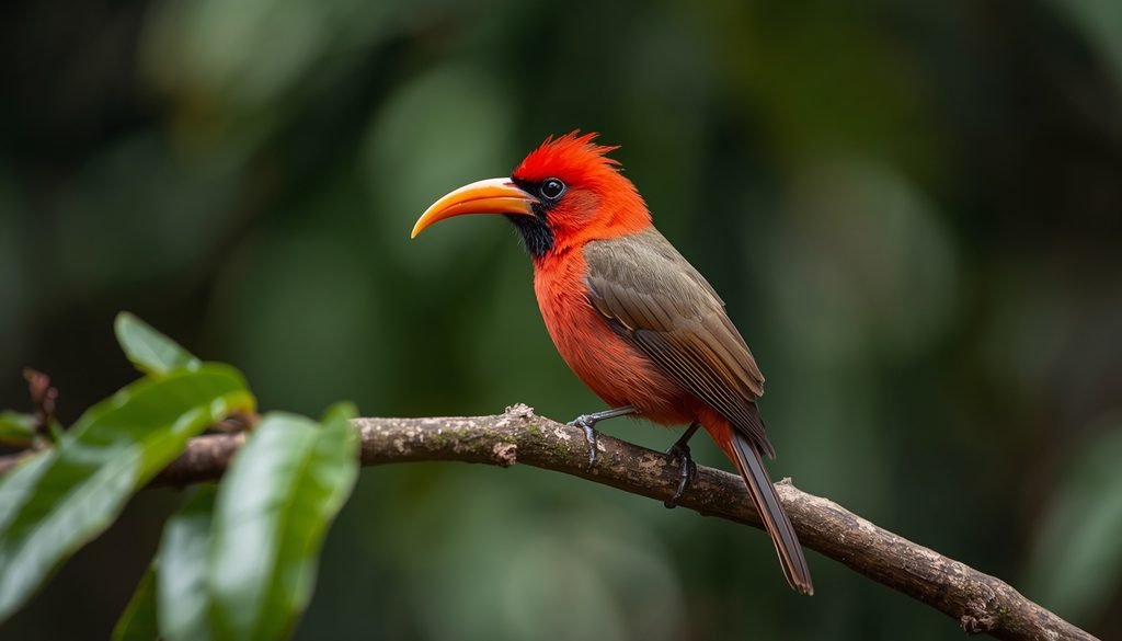 A scarlet ʻiʻiwi bird with a curved orange-red bill perched in a Hawaiian forest