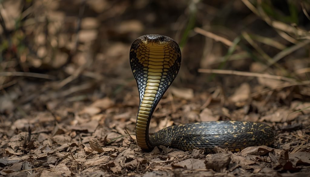 An Indian cobra raising its hood in a natural habitat