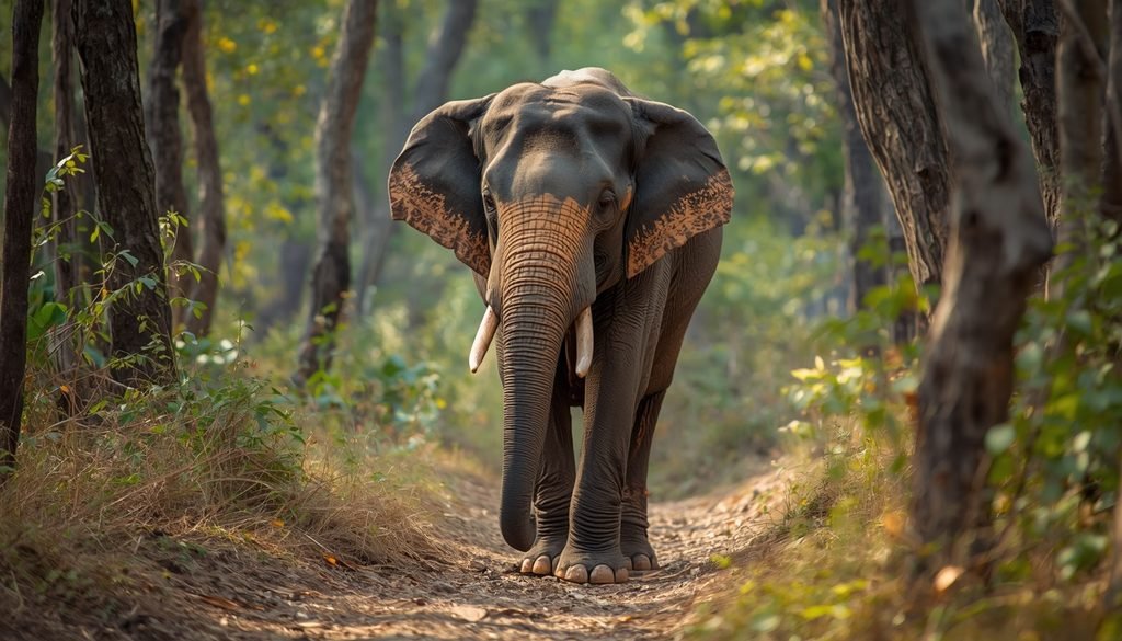 An Indian elephant walking through a natural forest habitat