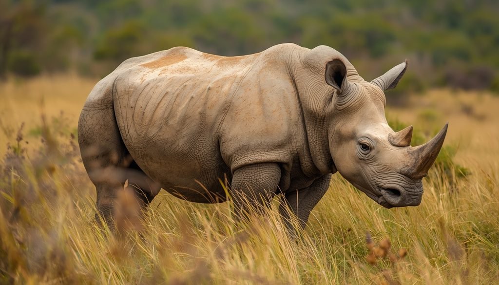An Indian rhinoceros with thick folded skin standing in a grassland habitat