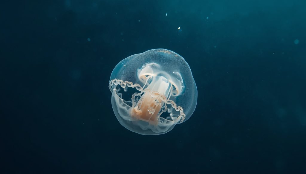 A tiny, translucent Irukandji jellyfish floating in tropical seawater