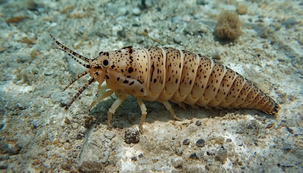 An isopod crustacean with a segmented body on the ocean floor