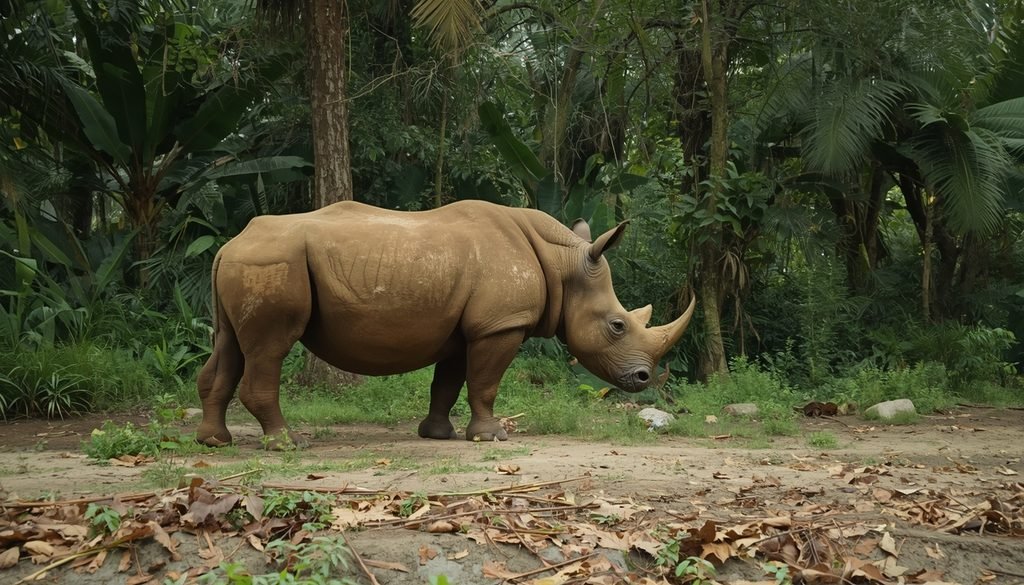 Javan rhino in protected tropical forest habitat