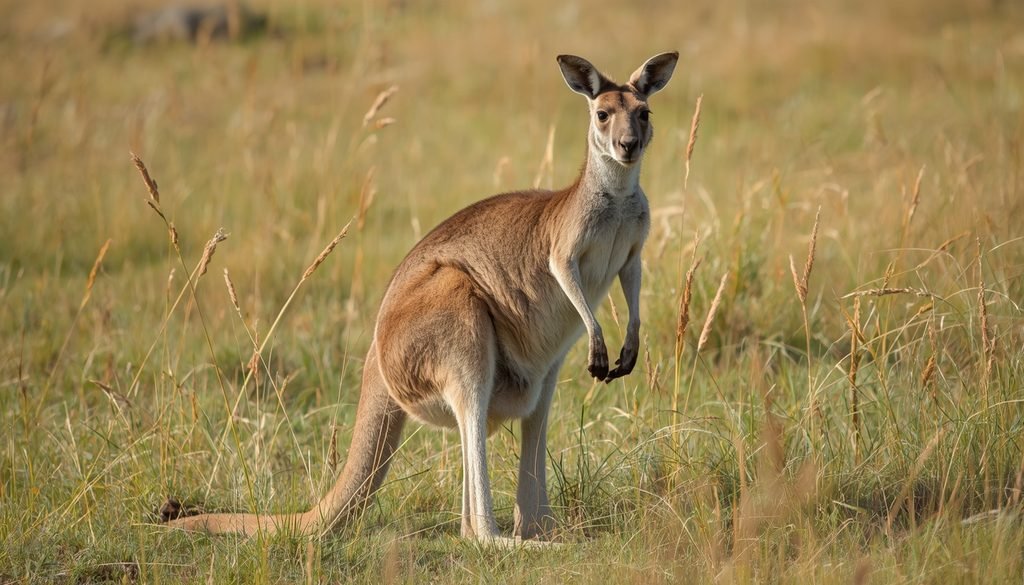 A kangaroo standing in the Australian grassland