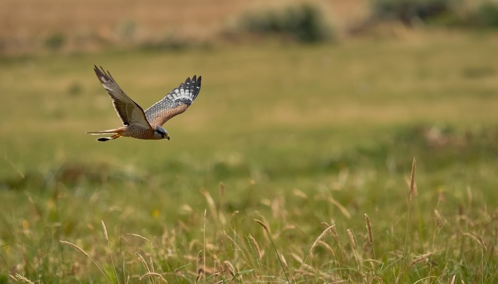A kestrel falcon hovering above an open grassland while searching for prey