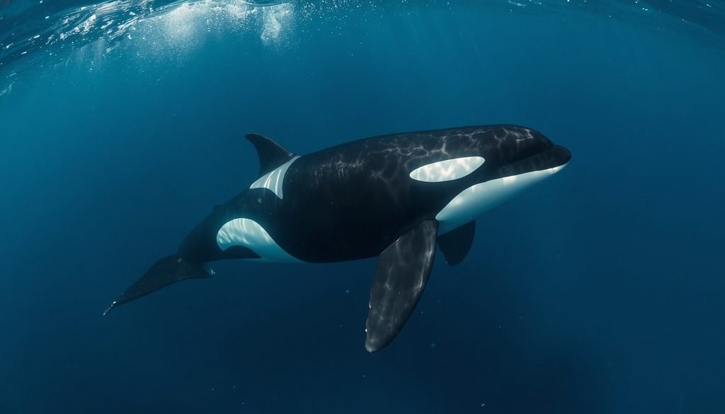 A killer whale swimming in the ocean with its black-and-white markings visible