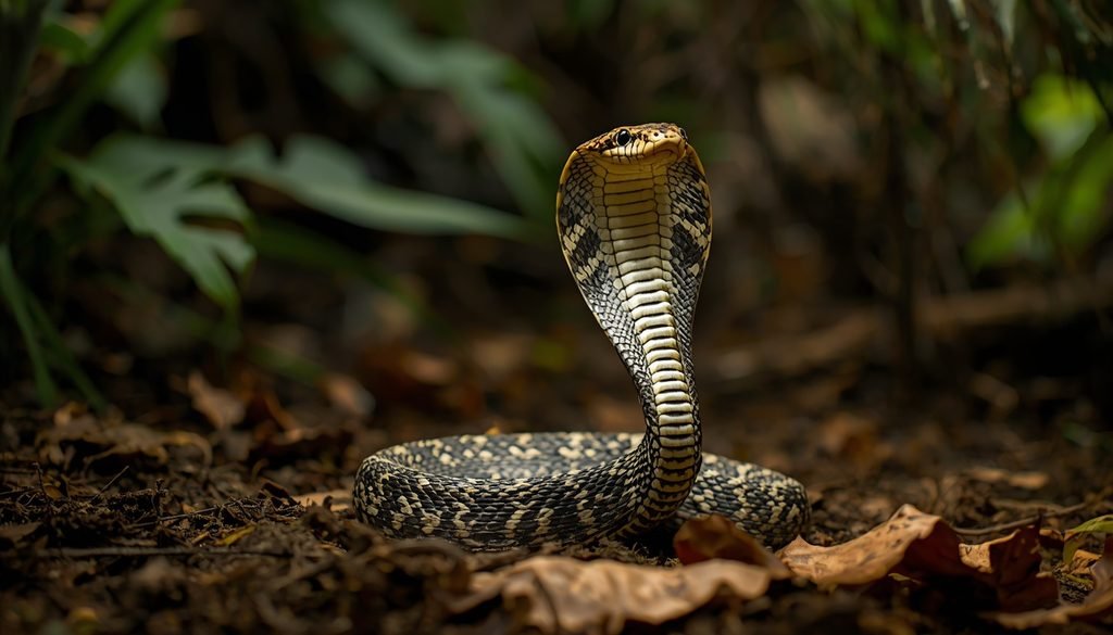 A king cobra snake raising its hood in a natural forest habitat