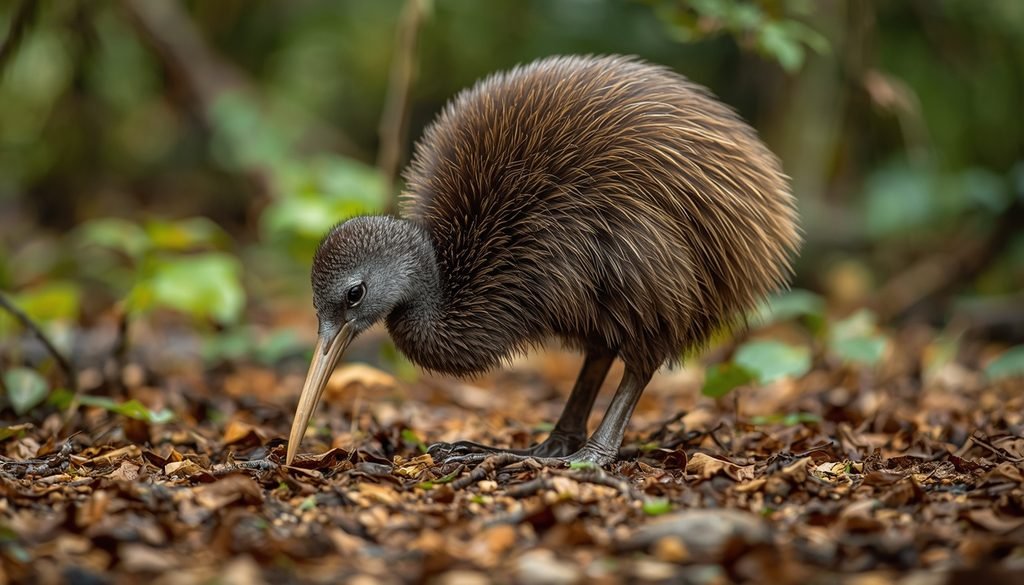 A flightless kiwi bird searching for food on the forest floor
