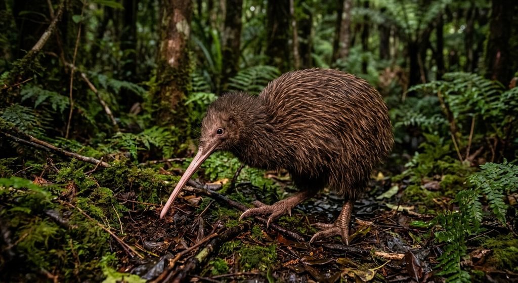 Kiwi bird with small eyes, long bill, and brown feathers in a New Zealand forest