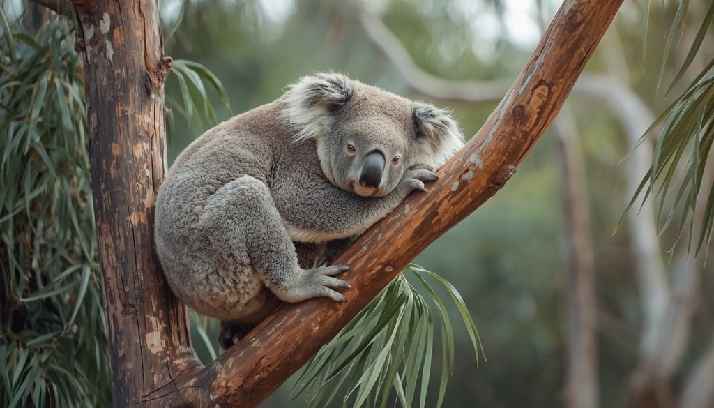Koala resting on a eucalyptus tree branch in its Australian habitat